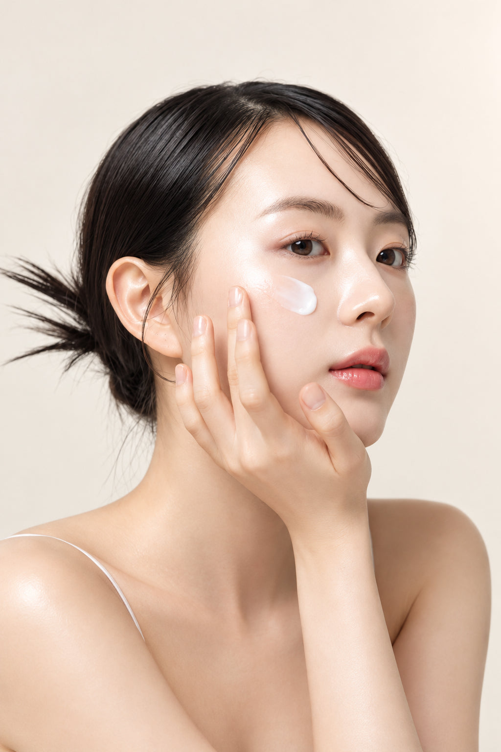 Woman applying cream to her face against a plain background